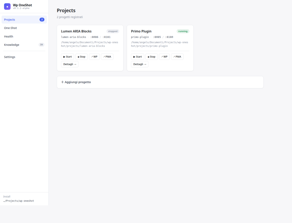WP OneShot dashboard projects overview