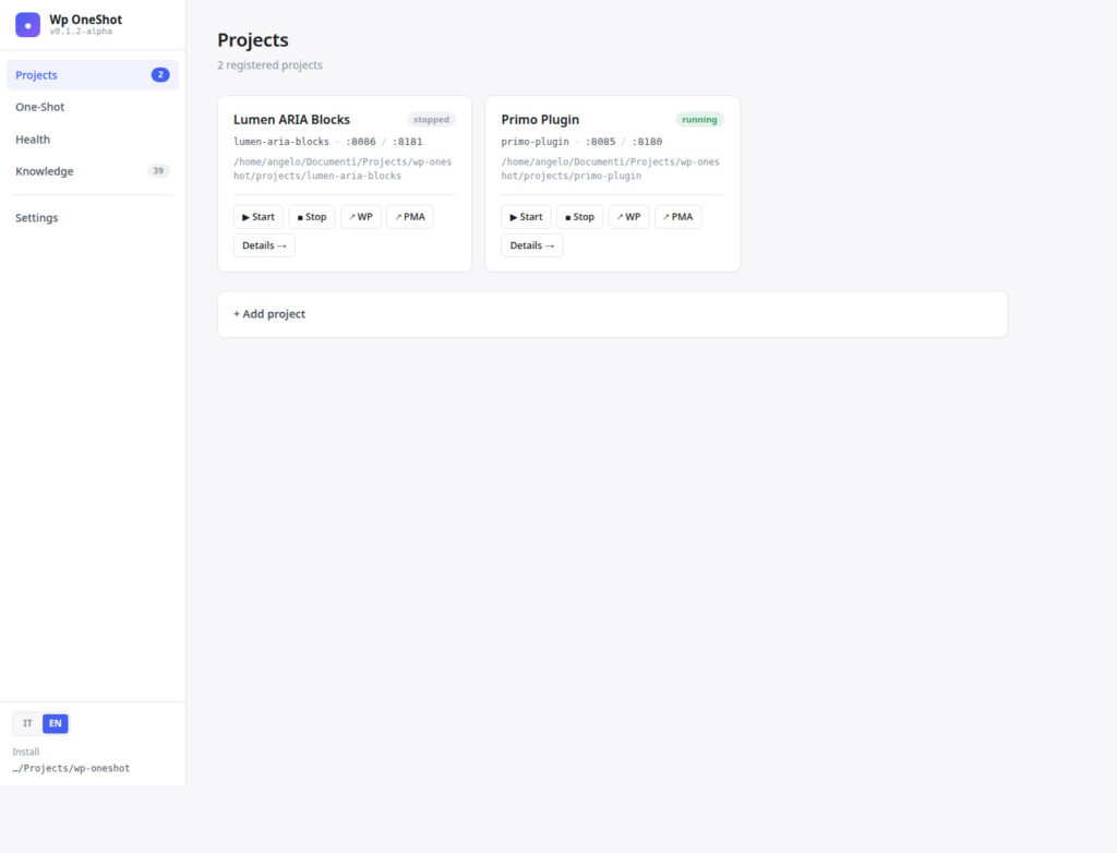 WP OneShot dashboard projects overview